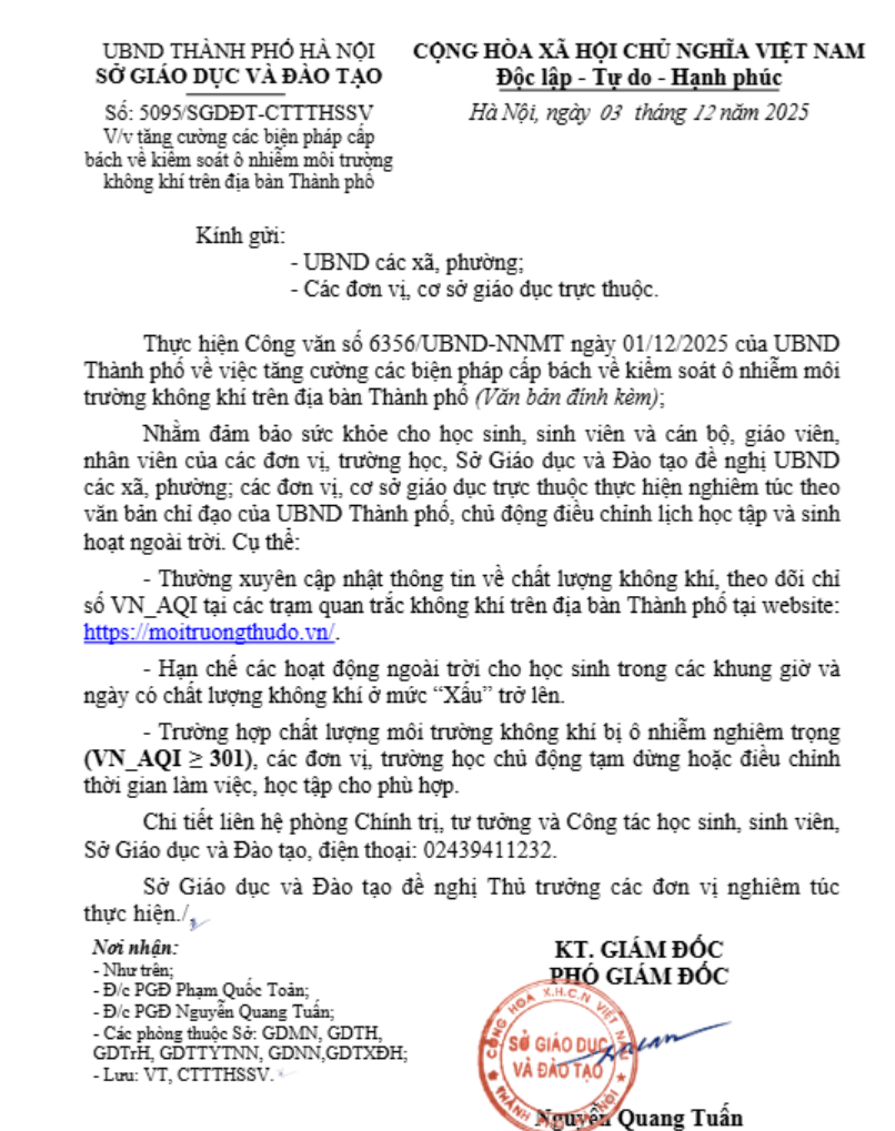 Hà Nội: Trường học được chủ động điều chỉnh lịch học khi ô nhiễm tăng cao - ảnh 1