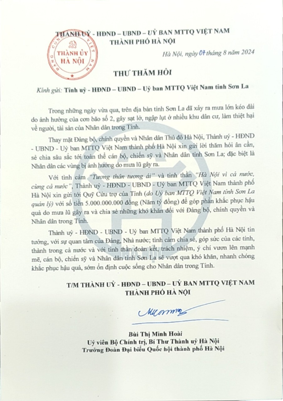 Bí thư Thành ủy Hà Nội gửi thư thăm hỏi cán bộ, nhân dân các tỉnh chịu ảnh hưởng do cơn bão số 2 - ảnh 1