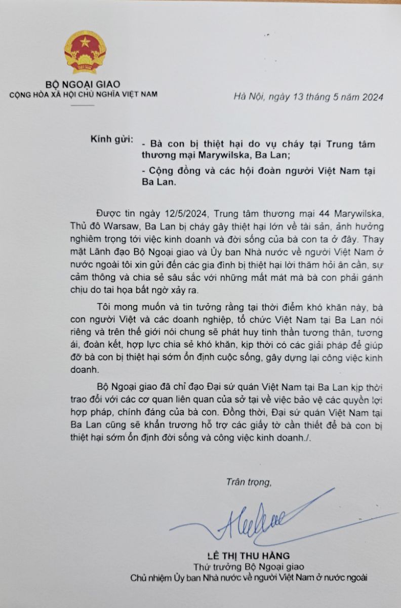 Thứ trưởng Lê Thị Thu Hằng gửi thư thăm hỏi bà con bị thiệt hại tại vụ cháy ở Ba Lan - ảnh 1
