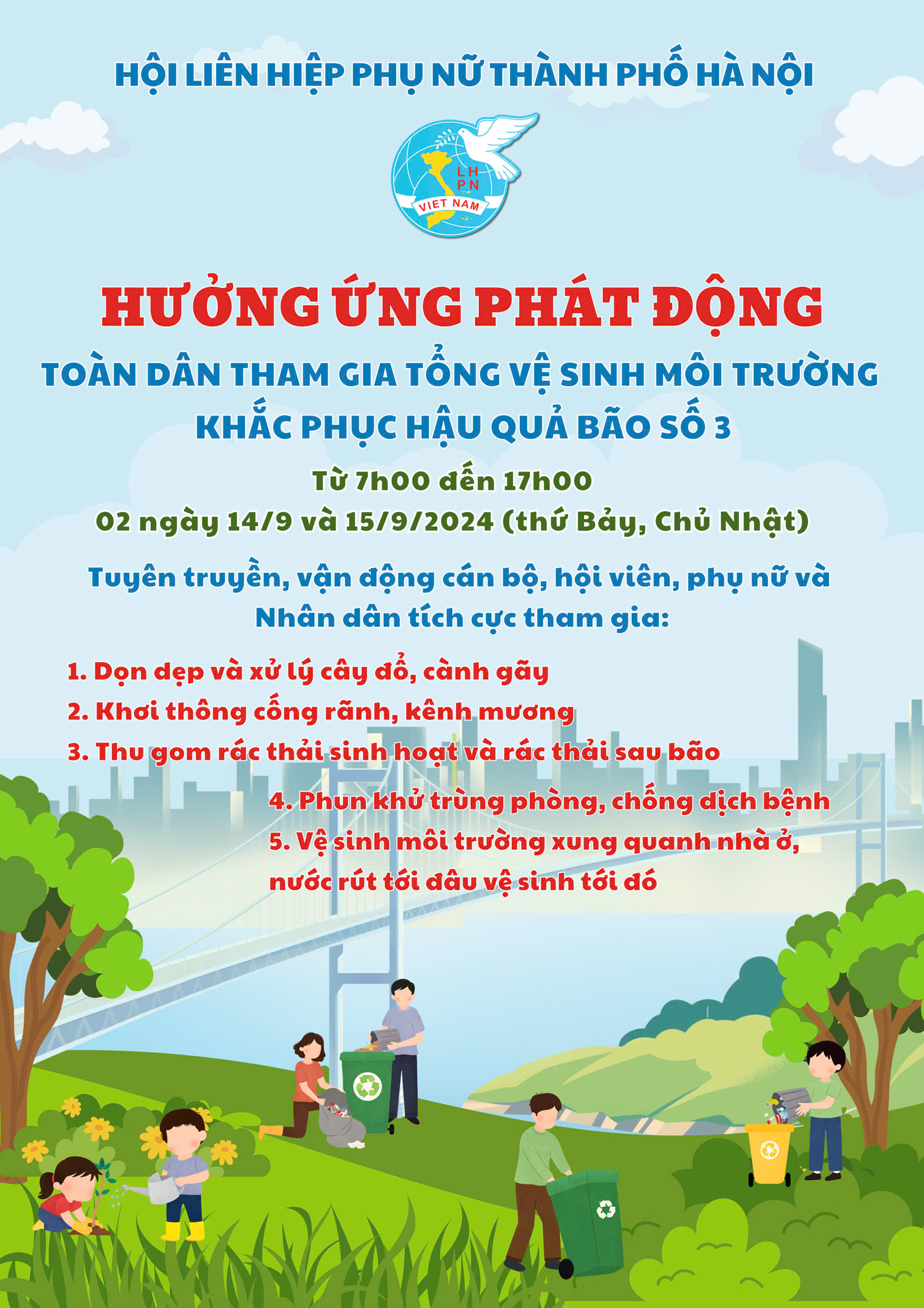 Hội LHPN Hà Nội kêu gọi cán bộ, hội viên tích cực tổng vệ sinh môi trường khắc phục hậu quả bão số 3 - ảnh 1