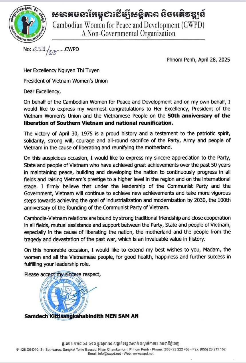 Hội Phụ nữ Campuchia vì Hòa bình và Phát triển gửi Thư chúc mừng Hội LHPN Việt Nam nhân kỷ niệm Ngày 30/4 - ảnh 2