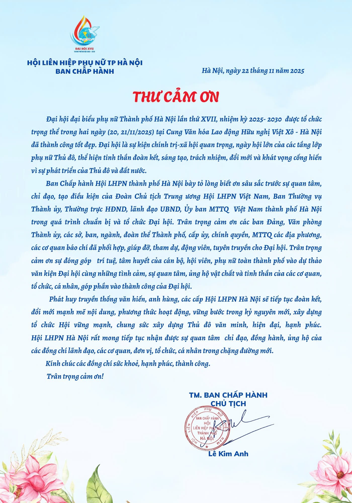 Thư cảm ơn của Ban Chấp hành Hội LHPN thành phố Hà Nội khóa XVII - ảnh 1