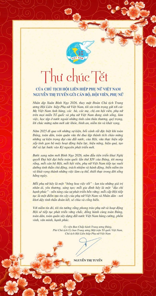 Thư chúc Tết của Chủ tịch Hội LHPN Việt Nam Nguyễn Thị Tuyến gửi cán bộ, hội viên, phụ nữ - ảnh 1