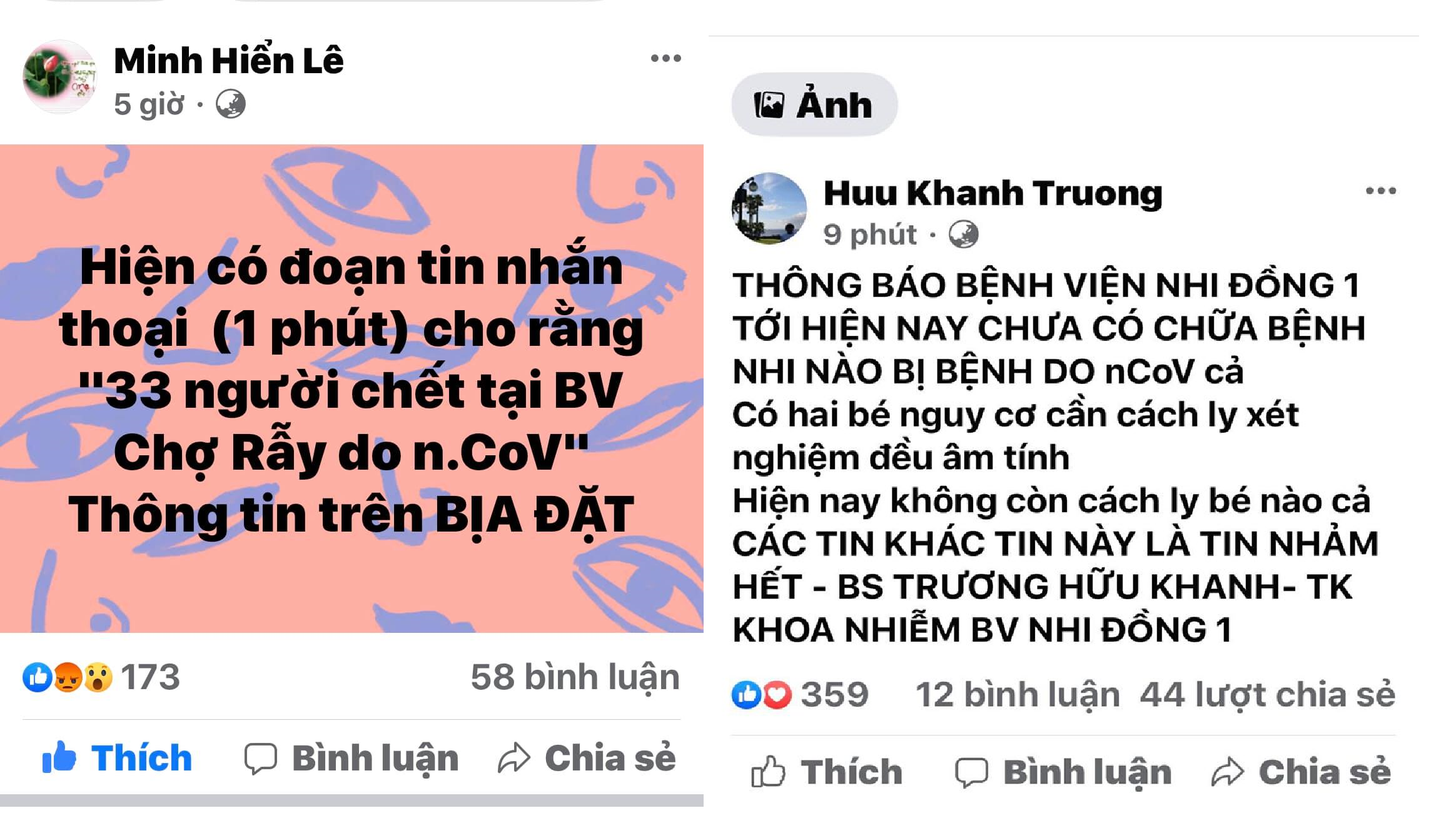 BS Bệnh viện Chợ Rẫy, BV Nhi đồng 1 (Tp. Hồ Chí Minh) đăng tải dòng trạng thái về việc bác bỏ các tin đồn liên quan tới dịch do virus nCoV