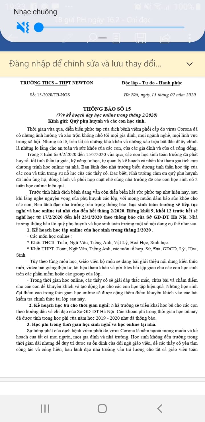 Th&ocirc;ng b&aacute;o thu tiền g&acirc;y bức x&uacute;c của trường Newton