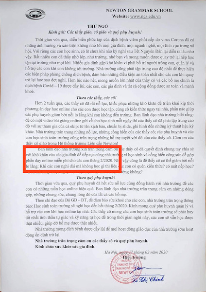 Thư ngỏ của trường khẳng định miễn ph&iacute; cho học sinh học online