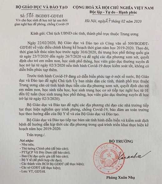 Bộ GD&ĐT đề nghị Chủ tịch UBND c&aacute;c tỉnh, th&agrave;nh phố cho học sinh mầm non, tiểu học, THCS nghỉ học th&ecirc;m từ 1 đến 2 tuần ph&ograve;ng dịch COVID-19.