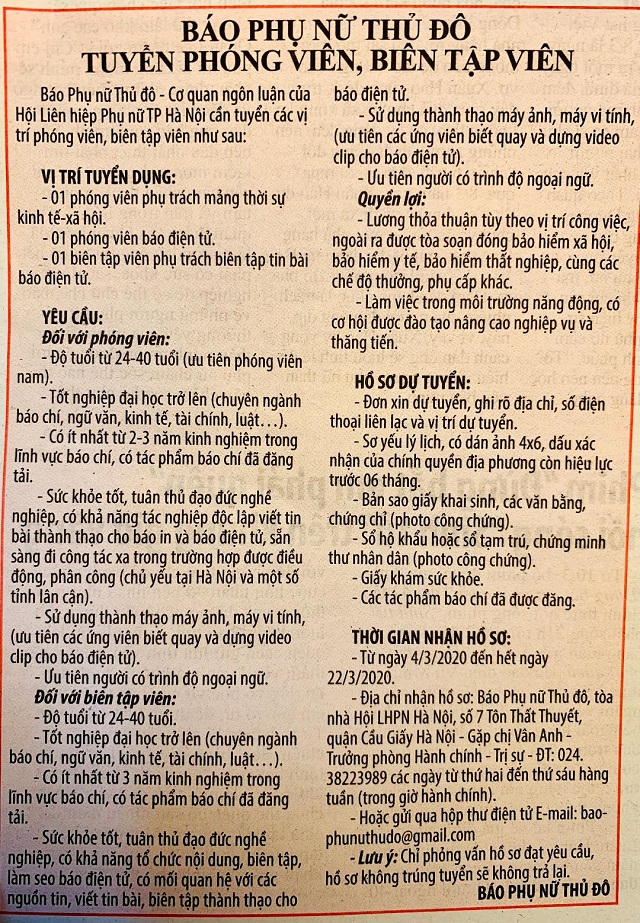 Báo Phụ nữ Thủ đô tuyển phóng viên, biên tập viên
