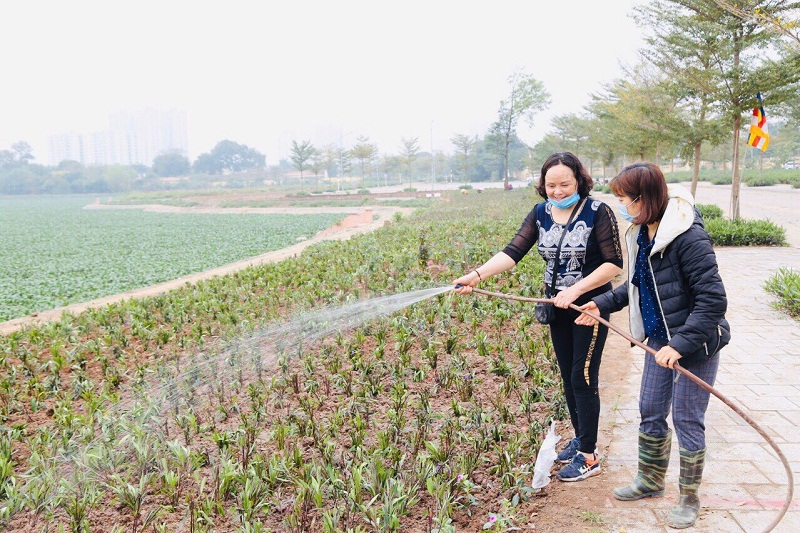 Cán bộ hội viên phụ nữ tham gia chăm sóc cây xanh ngay sau chương trình phát động