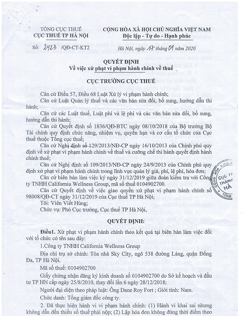 Cục Thuế Hà Nội đã ra Quyết định xử lý vi phạm Công ty TNHH California Wellness Group