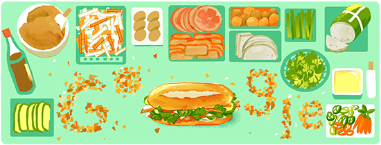 Google Doodle Bánh mì trình bày các nguyên liệu phổ biến kèm theo như chả lụa, thịt heo, patê, bơ và đồ chua cùng tạo nên một ổ bánh mì Việt Nam đặc trưng - Ảnh: GOOGLE