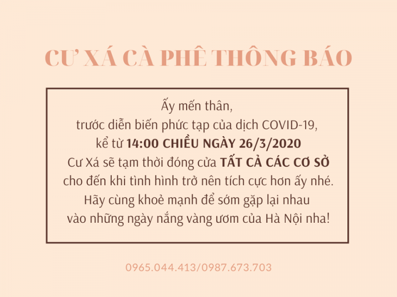 Th&ocirc;ng b&aacute;o tạm dừng đ&oacute;ng cửa qu&aacute;n c&agrave; ph&ecirc; theo y&ecirc;u cầu của Chủ tịch UBND TP H&agrave; Nội