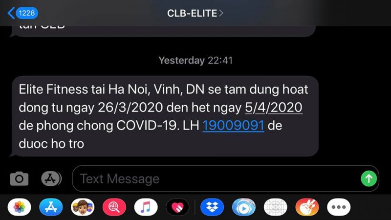 Một hệ thống ph&ograve;ng tập lớn nhắn tin th&ocirc;ng b&aacute;o tạm dừng hoạt động đến c&aacute;c hội vi&ecirc;n