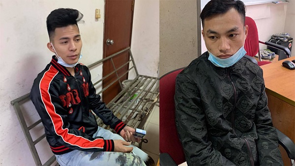 2 bị can cướp t&agrave;i sản của người đồng t&iacute;nh nam bị bắt giữ tại c&ocirc;ng an quậnLong Bi&ecirc;n (ảnh: C&ocirc;ng an cung cấp)