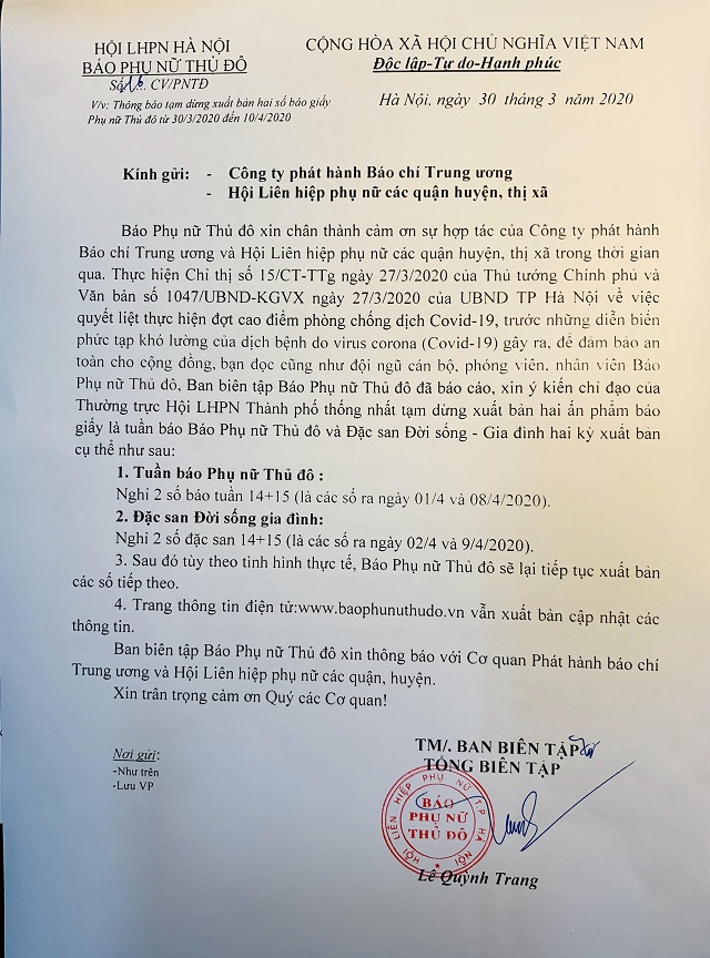 Báo Phụ nữ Thủ đô quyết định dừng xuất bản 2 tuần để phòng chống dịch bệnh Covid-19. Báo Phụ nữ Thủ đô quyết định dừng xuất bản 2 tuần để phòng chống dịch bệnh Covid-19.