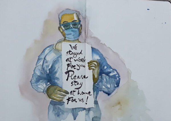 Tranh ‘Thiên thần áo trắng” với thông điệp “Chúng tôi đi làm vì bạn. Xin bạn hãy ở nhà vì chúng ta”.