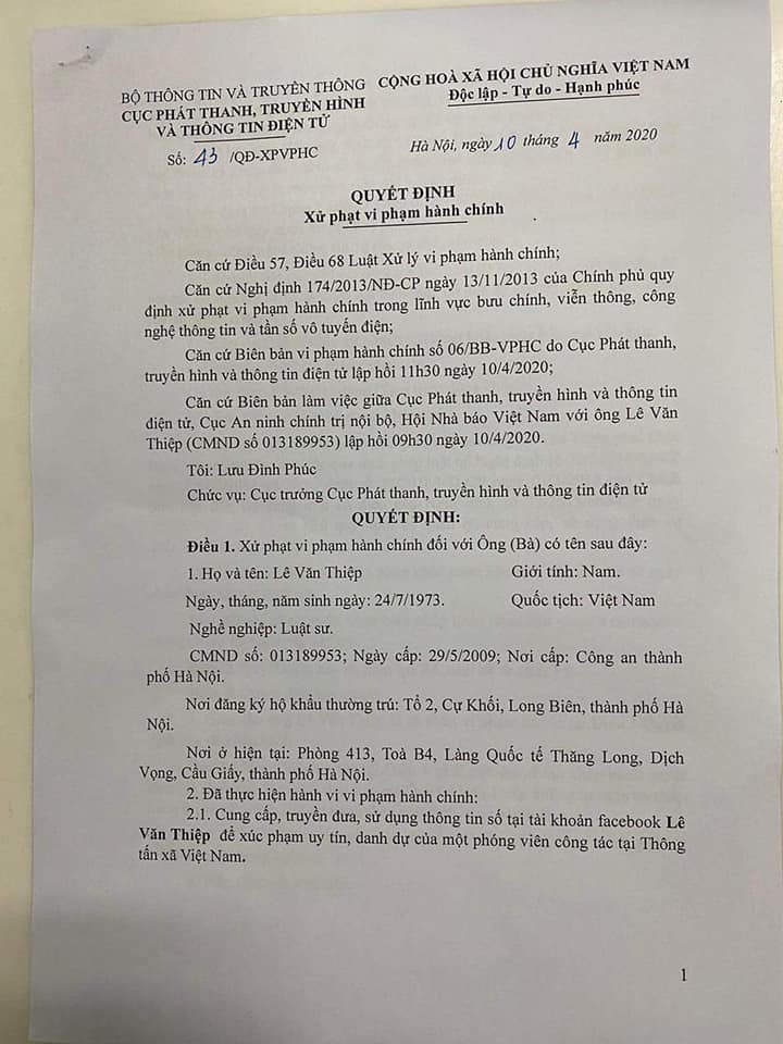 Quyết định xử phạt luật sư Nguyễn Văn Thiệp vì xúc phạm nữ phóng viên báo Vietnam News. Quyết định xử phạt luật sư Nguyễn Văn Thiệp vì xúc phạm nữ phóng viên báo Vietnam News.