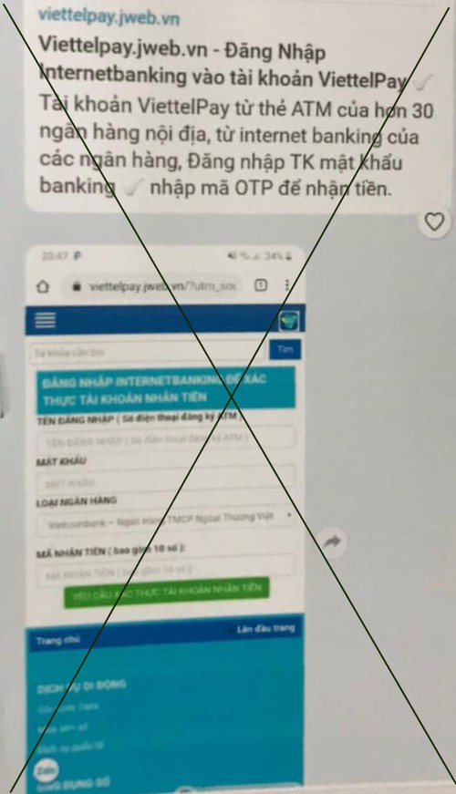 H&igrave;nh ảnh mạo danh ViettelPay lừa đảo chiếm đoạt t&agrave;i sản.