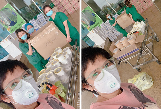 B&agrave; Nguyễn Thanh Thủy tự tay mang 120 suất cơm miễn ph&iacute; đến tặng c&aacute;c y, b&aacute;c sĩ Bệnh viện Bệnh nhiệt đới trung ương cơ sở 2. Ảnh: B&aacute;o Đời sống v&agrave; Ph&aacute;p luật