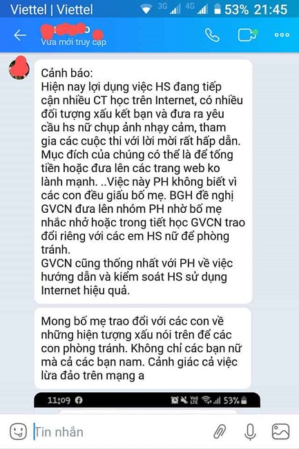 Tin nhắn cảnh b&aacute;o được gửi tới PHHS