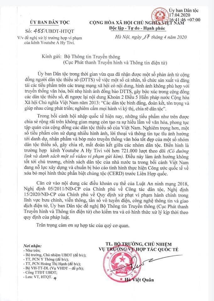 Công văn của Ủy ban Dân tộc đề nghị xử lý kênh A Hy TV vì bôi nhọ hình ảnh đồng bào dân tộc thiểu số