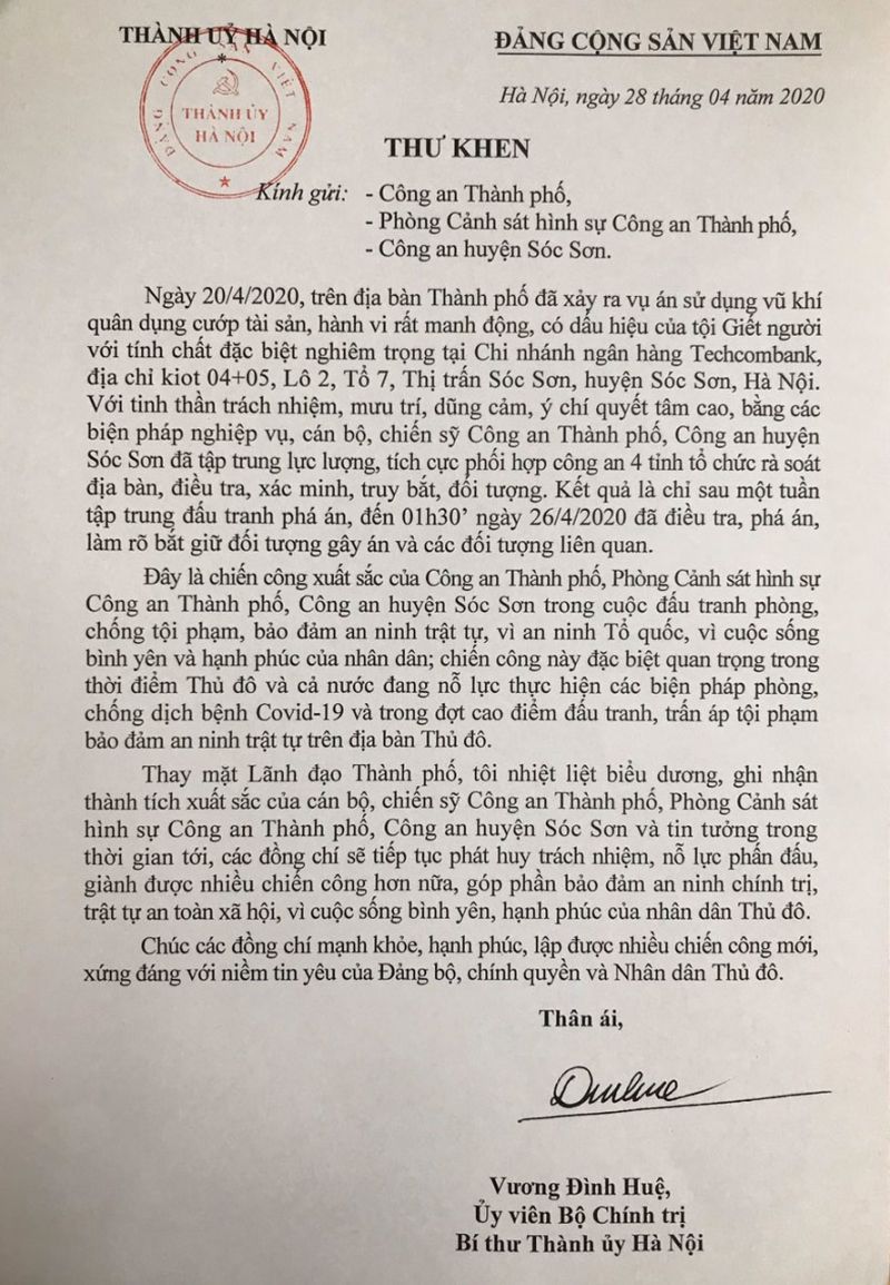 Bí thư Thành uỷ Hà Nội gửi thư khen Công an thành phố đã điều tra, phá án vụ cướp ngân hàng tại huyện Sóc Sơn - ảnh 1
