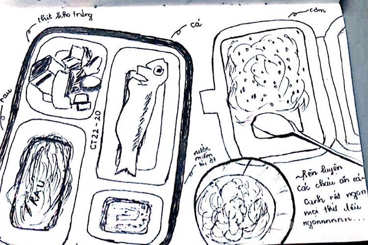 Hình ảnh suất ăn hàng ngày được các bạn trẻ trong khu cách ly tại Trung đoàn 58 vẽ lại với những dòng chú thích dễ thương.