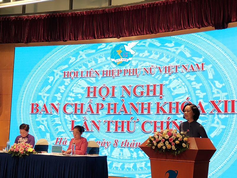 Đồng ch&iacute; Trương Thị Mai - Ủy vi&ecirc;n Bộ Ch&iacute;nh trị, B&iacute; thư Trung ương Đảng, Trưởng Ban D&acirc;n vận Trung ương đ&atilde; đ&aacute;nh gi&aacute; cao c&aacute;c hoạt động của Trung ương Hội LHPN Việt Nam trong thời gian qua
