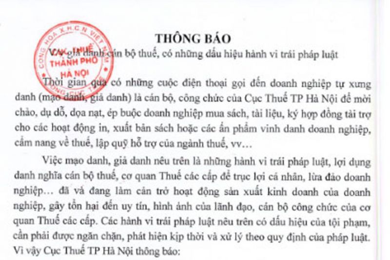 Thông báo của Cục Thuế Hà Nội về tình trạng giả danh cán bộ thuế gọi điện mời chào doanh nghiệp.