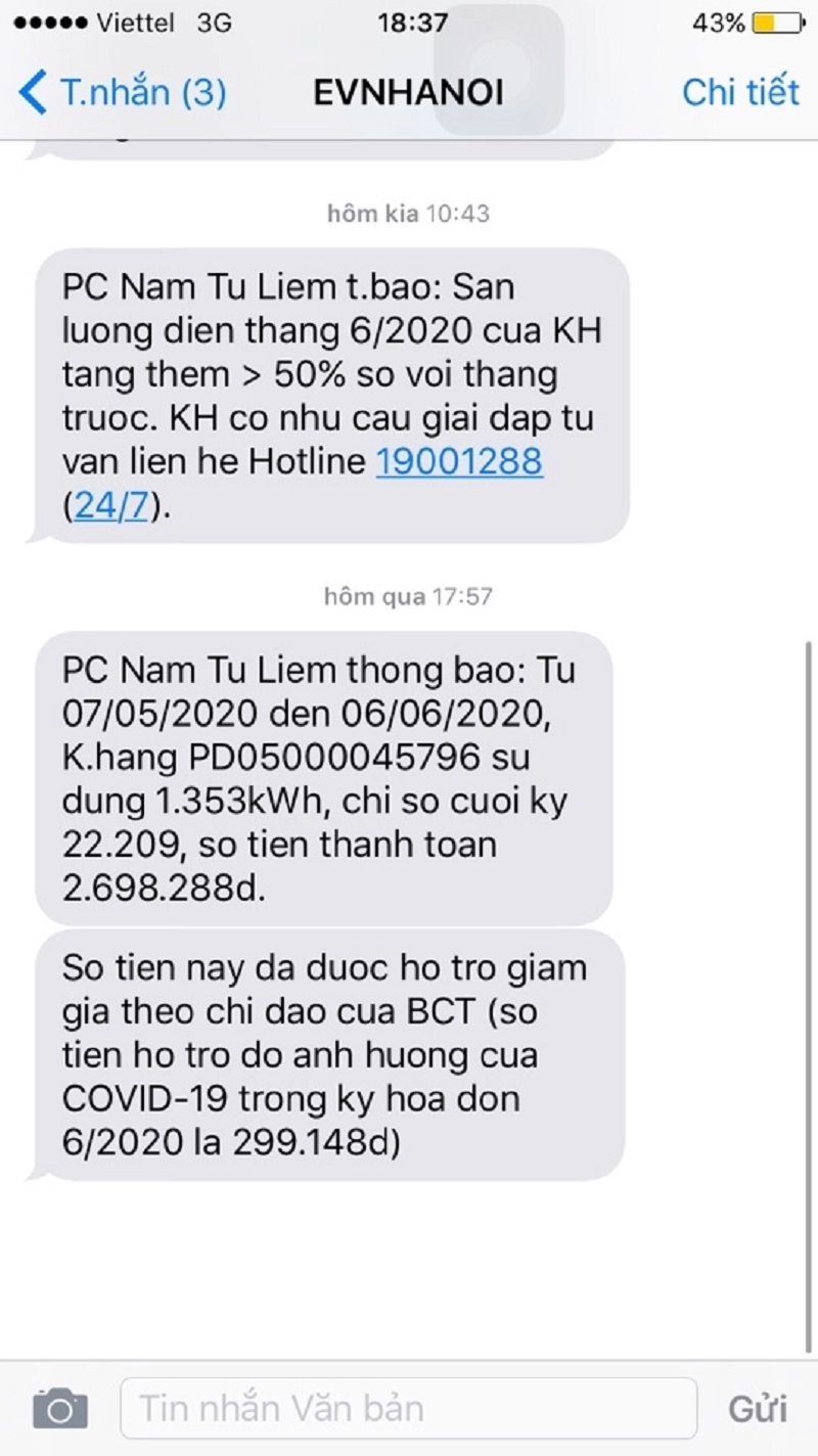 Tin nhắn EVNHANOI gửi đến chị Nguyễn Thị Hoa thông báo sản lượng điện tiêu dùng tăng và số tiền điện được giảm theo gói hỗ trợ Covid-19 Tin nhắn EVNHANOI gửi đến chị Nguyễn Thị Hoa thông báo sản lượng điện tiêu dùng tăng và số tiền điện được giảm theo gói hỗ trợ Covid-19