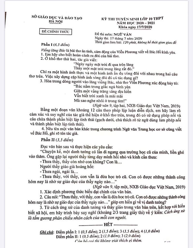 Đề thi Ngữ văn vào lớp 10 của Hà Nội năm học 2020-2021 Đề thi Ngữ văn vào lớp 10 của Hà Nội năm học 2020-2021