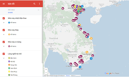 Bản đồ dữ liệu các nhà máy và làng nghề có nguy cơ gây ô nhiễm không khí tại Việt Nam do VCAP thực hiện