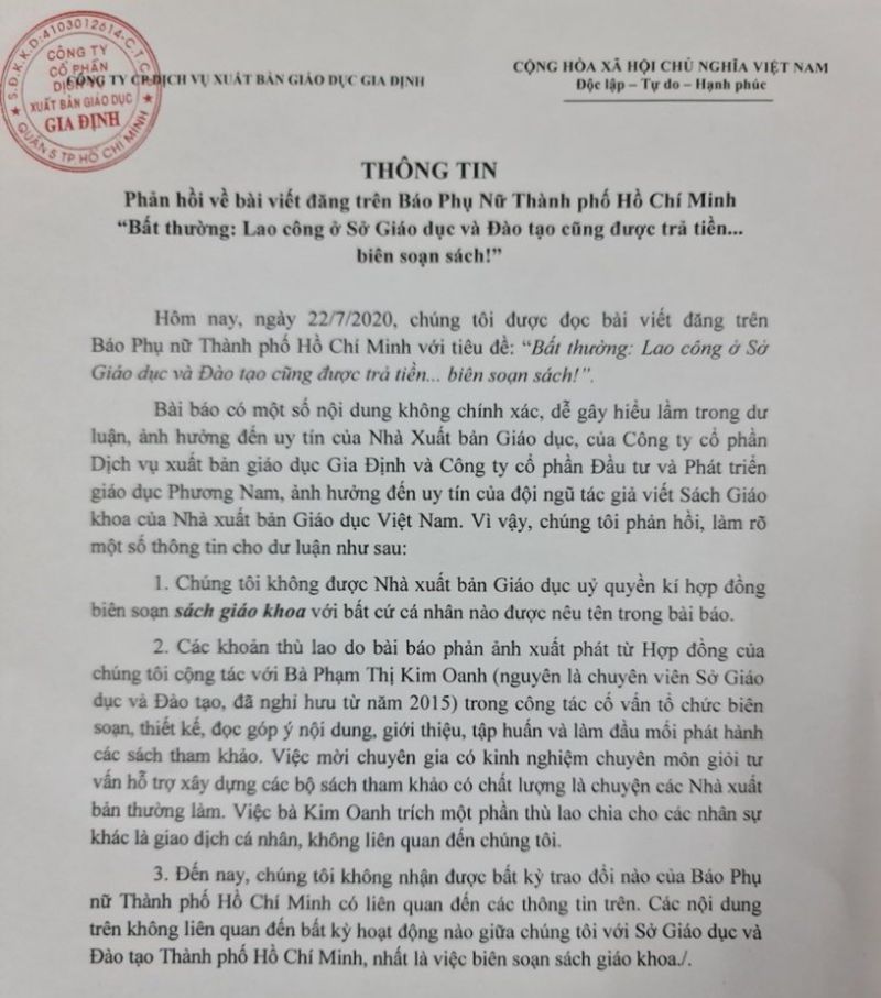 Văn bản phản hồi của Công ty Cổ phần dịch vụ xuất bản giáo dục Gia Định