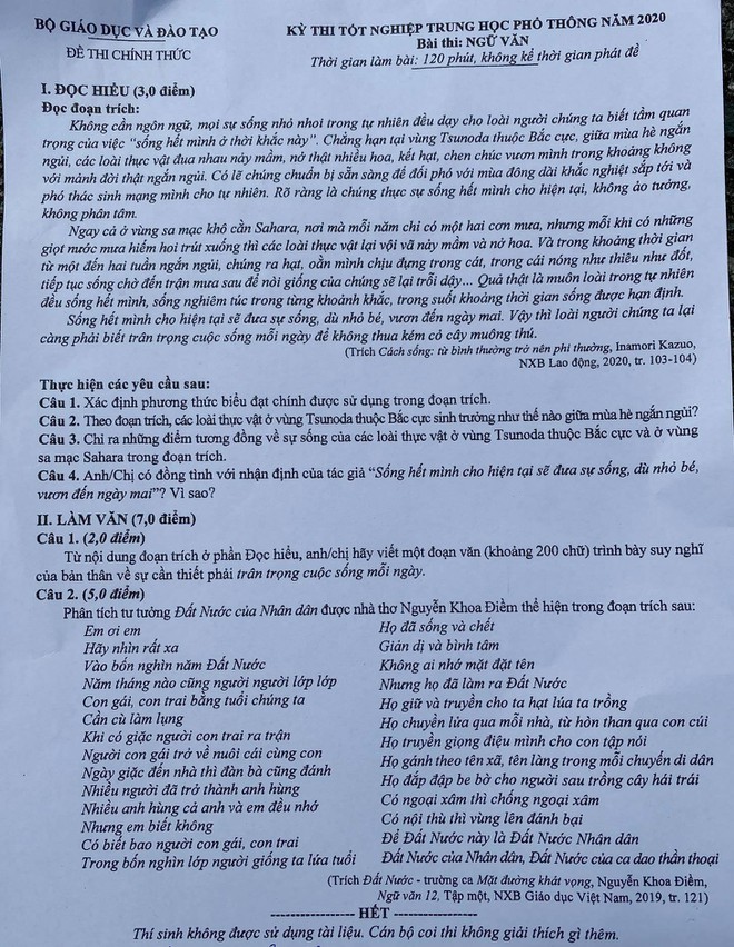 Đề thi tốt nghiệp THPT năm 2020 Đề thi tốt nghiệp THPT năm 2020