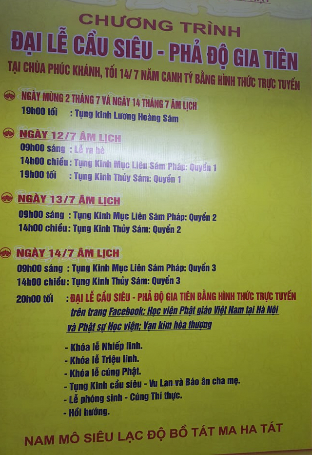 Thông báo về hình thức tổ chức Đại lễ cầu siêu trong mùa Vu Lan tại chùa Phúc Khánh (Hà Nội). Ảnh: NVCC