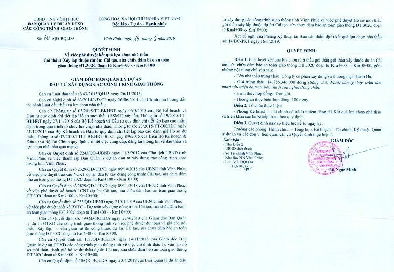 Ng&agrave;y 16/05/2019, &ocirc;ng L&ecirc; Ngọc Minh &ndash; Gi&aacute;m đốc k&yacute; Quyết định số 60/QĐ-BQLDA, lựa chọn C&ocirc;ng ty Cổ phần X&acirc;y dựng v&agrave; Thương mại Thanh H&agrave;