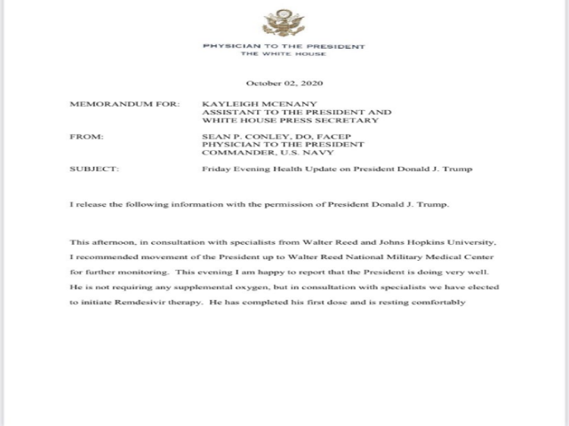 Bức thư của bác sĩ Nhà Trắng Sean Conley được Thư ký báo chí Nhà Trắng Kayleigh McEnany đăng tải vào hôm qua (2/10) trên Twitter. (Ảnh: Kayleigh McEnany / Twitter)