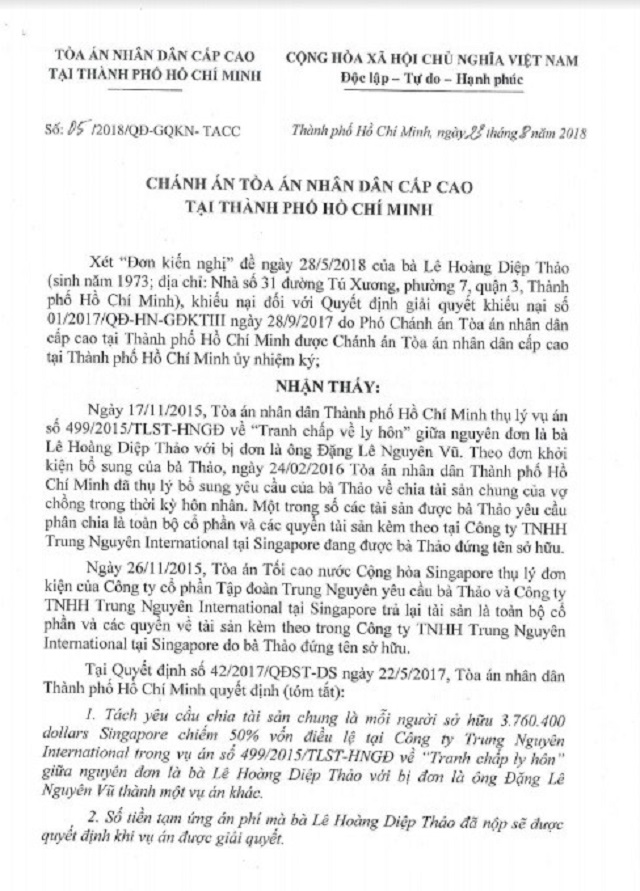Quyết định số 05/2018/QĐ-GQKN-TACC ngày 23/8/2018 của Chánh án TAND cấp cao tại TPHCM.