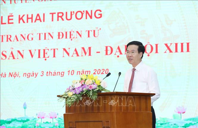 Đồng chí Võ Văn Thưởng, Uỷ viên Bộ Chính trị, Bí thư Trung ương Đảng, Trưởng Ban Tuyên giáo Trung ương phát biểu tại Lễ khai trương Trang tin điện tử. Ảnh: Phương Hoa/TTXVN