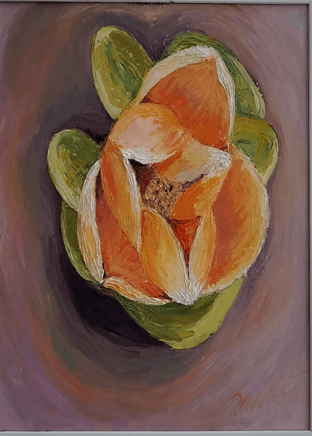 Hoa Rumdul, Quốc hoa Campuchia trong tranh của họa sĩ B&ugrave;i Minh H&ograve;a. Chị chia sẻ rằng b&ocirc;ng hoa thật ấn tượng: 