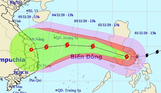 Hướng di chuyển của bão Goni không ổn định khi vào Biển Đông. Ảnh: NCHMF. Hướng di chuyển của bão Goni không ổn định khi vào Biển Đông. Ảnh: NCHMF.