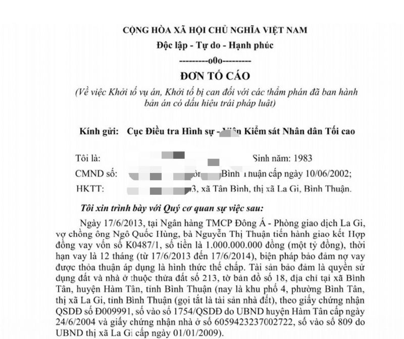 Đơn tố cáo của bà K.L gửi Cục Điều tra Hình sự - Viện Kiểm sát nhân dân tối cao