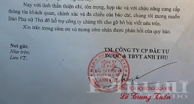 Văn bản không đề ngày, người ký không phải là đại diện pháp luật của công ty Anh Thu gửi đến báo Phụ nữ Thủ đô