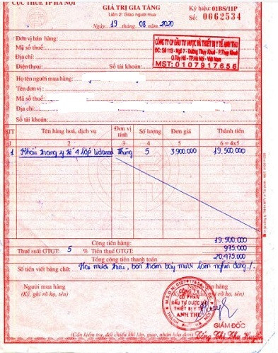 Hóa đơn thể hiện gián bán sản phẩm khẩu trang