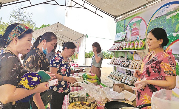 C&aacute;n bộ hội vi&ecirc;n phụ nữ thăm quan mua sắm tại gian h&agrave;ng trưng b&agrave;y giới thiệu sản phẩm n&ocirc;ng sản an to&agrave;n do Hội LHPN H&agrave; Nội tổ chức