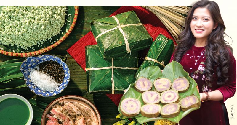 Nguyễn Thu Ho&agrave;i b&ecirc;n sản phẩm b&aacute;nh chưng do c&ocirc; sản xuất v&agrave; s&aacute;ng tạo