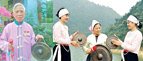 &Ocirc;ng Đinh C&ocirc;ng Y&ecirc;n - B&agrave; Nguyễn Thị L&acirc;m (ở giữa) c&ugrave;ng đội cồng chi&ecirc;ng biểu diễn.