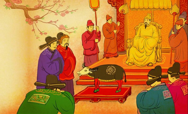 Tranh vẽ t&aacute;i hiện Nghi lễ tiến xu&acirc;n ngưu trong cung đ&igrave;nh Thăng Long