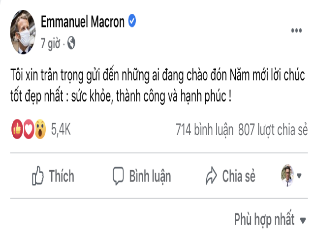 Th&ocirc;ng điệp ch&uacute;c tết bằng tiếng Việt của Tổng thống Macron tr&ecirc;n Facebook.