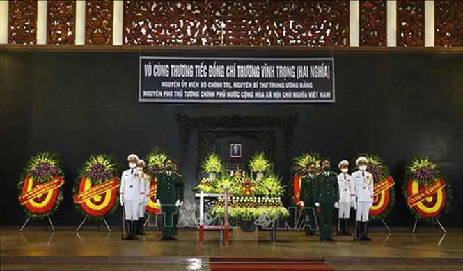 Lễ viếng nguyên Phó Thủ tướng Trương Vĩnh Trọng tại Nhà tang lễ quốc gia, số 5 Trần Thánh Tông, thành phố Hà Nội. Ảnh: Văn Điệp/TTXVN Lễ viếng nguyên Phó Thủ tướng Trương Vĩnh Trọng tại Nhà tang lễ quốc gia, số 5 Trần Thánh Tông, thành phố Hà Nội. Ảnh: Văn Điệp/TTXVN